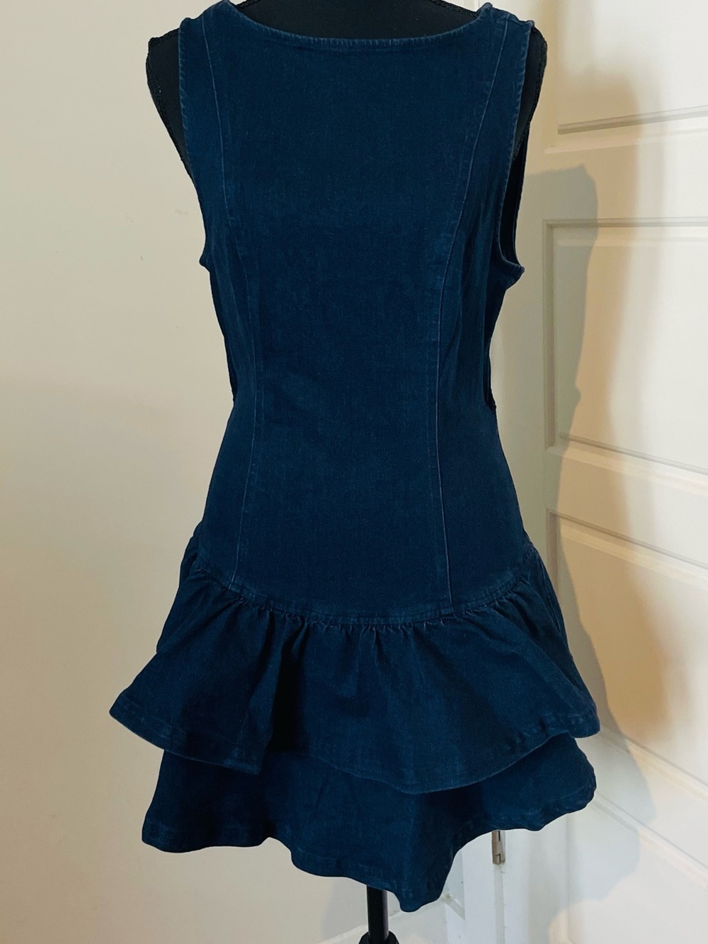 Backless, ruffled denim mini. NWOT